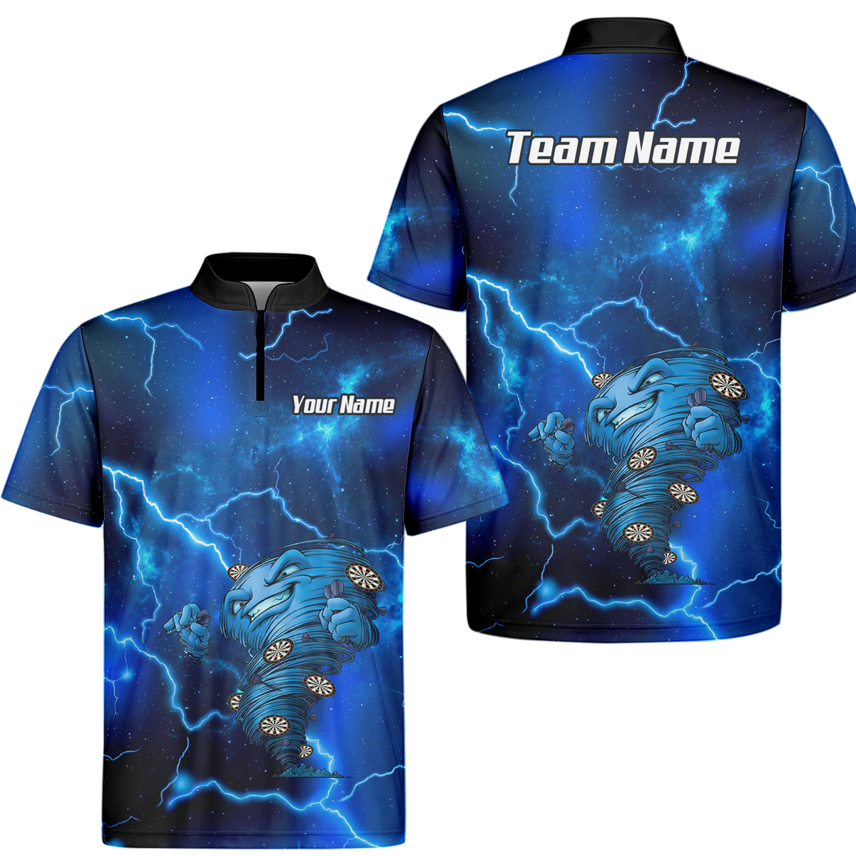 Custom Men's Darts Polo Shirt Personalized Performance Blue Lightning Tornado Galaxy Design LB3159 - Zipper Yes