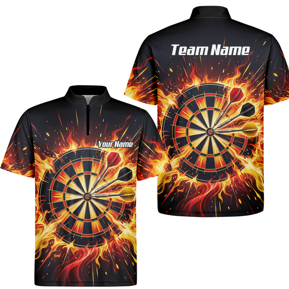Personalised Fire Flame Dart Jersey for Men Custom Dartboard Graphic Polo Shirt Black Orange M1671