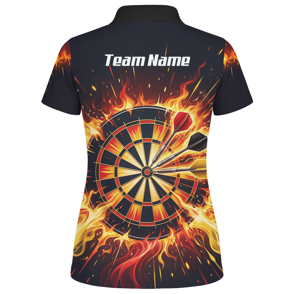 Personalised Fire Flame Dart Jersey for Women Custom Dartboard Graphic Polo Shirt Black Orange M1671