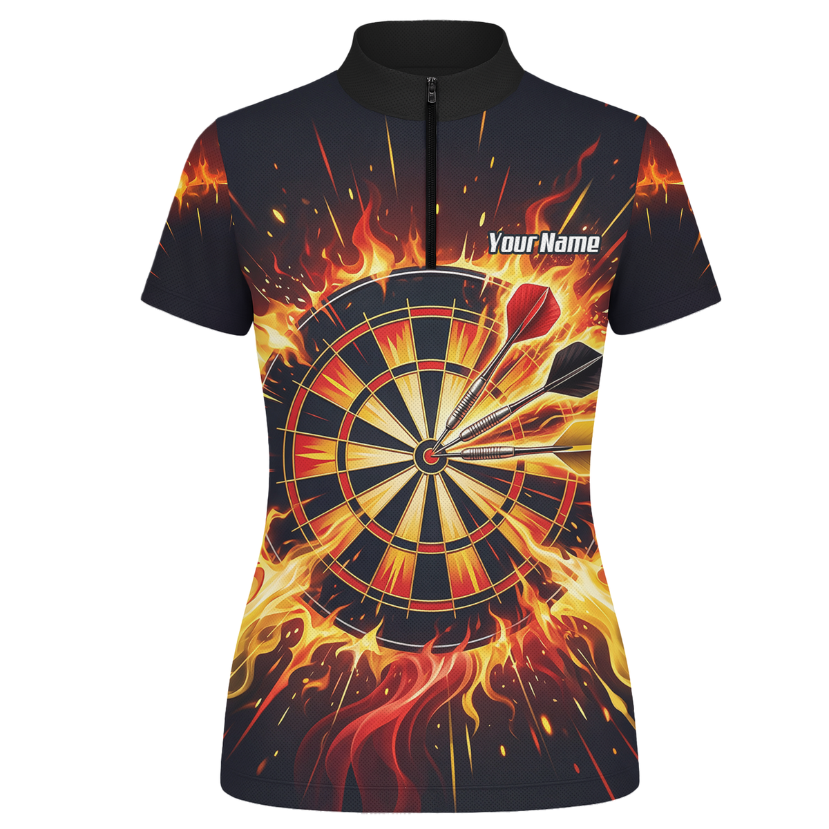 Personalised Fire Flame Dart Jersey for Women Custom Dartboard Graphic Polo Shirt Black Orange M1671