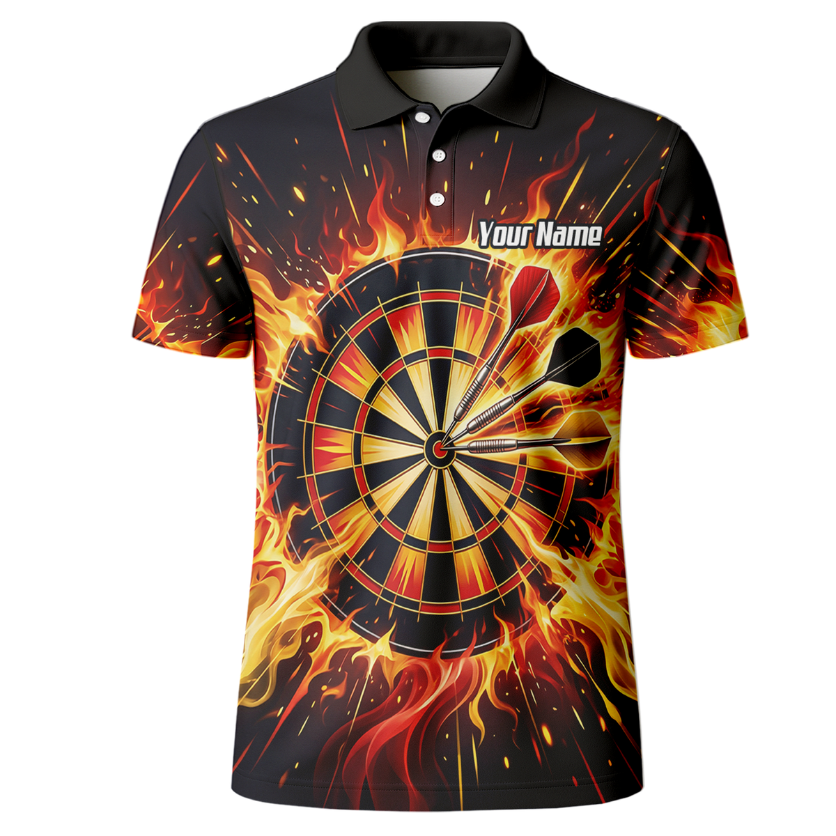 Personalised Fire Flame Dart Jersey for Men Custom Dartboard Graphic Polo Shirt Black Orange M1671