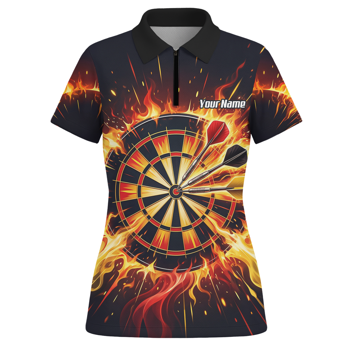 Personalised Fire Flame Dart Jersey for Women Custom Dartboard Graphic Polo Shirt Black Orange M1671