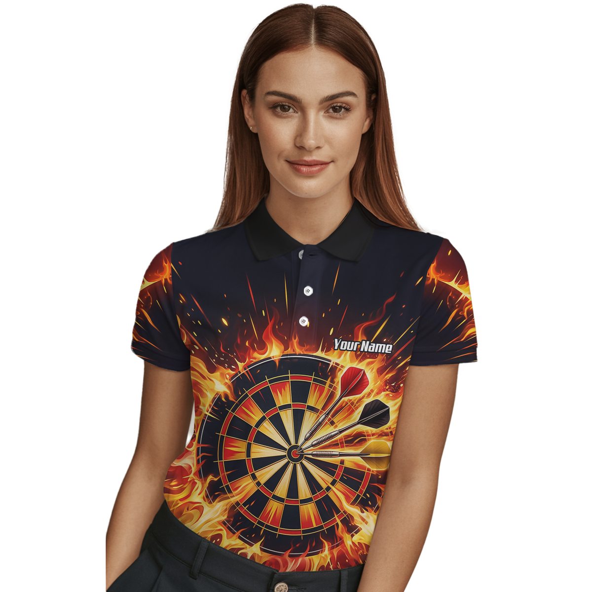 Personalised Fire Flame Dart Jersey for Women Custom Dartboard Graphic Polo Shirt Black Orange M1671