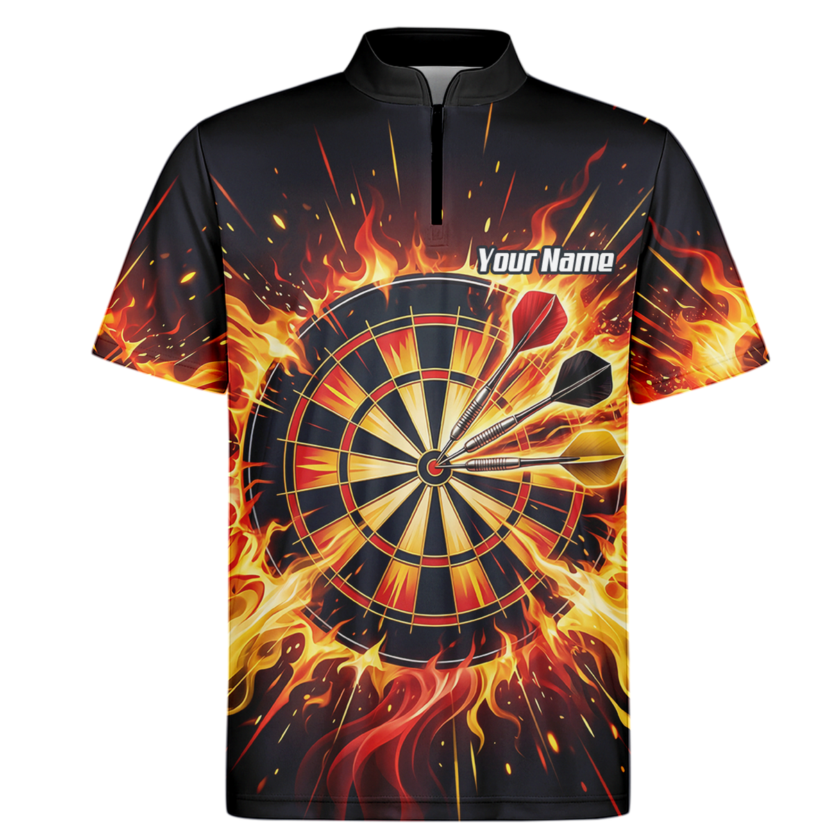 Personalised Fire Flame Dart Jersey for Men Custom Dartboard Graphic Polo Shirt Black Orange M1671