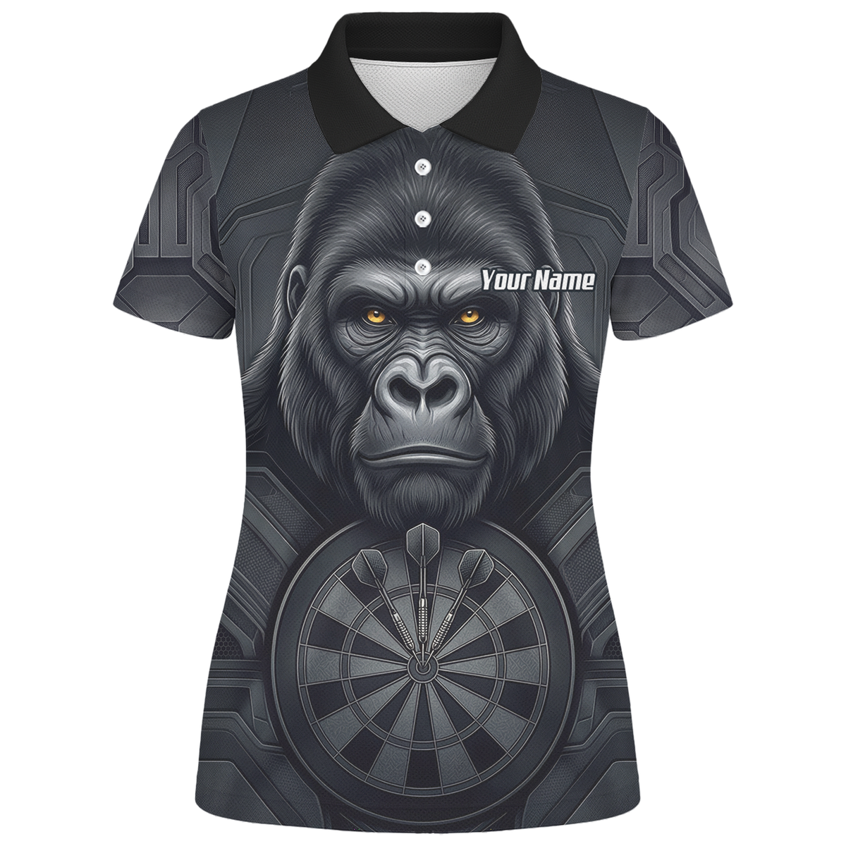 Personalised Silverback Gorilla Dart Jersey for Women Custom Darts Polo Shirt Black Grey with Dartboard Graphic M1900