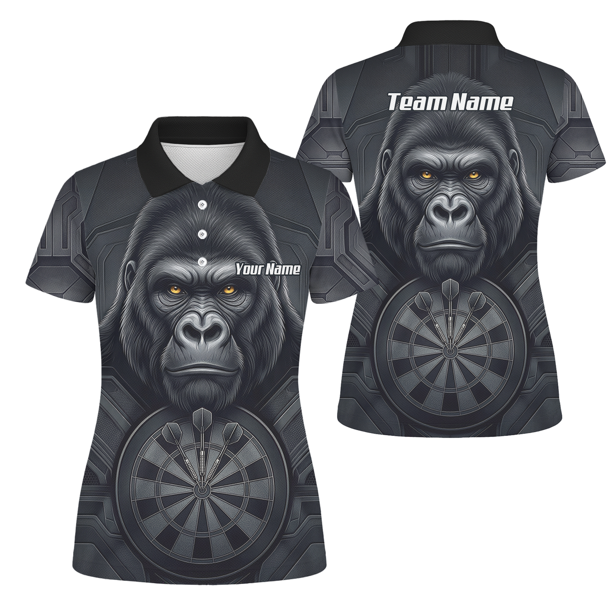 Personalised Silverback Gorilla Dart Jersey for Women Custom Darts Polo Shirt Black Grey with Dartboard Graphic M1900
