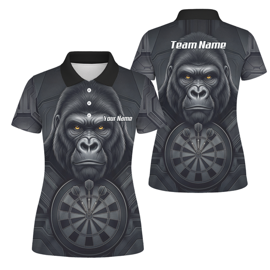 Personalised Silverback Gorilla Dart Jersey for Women Custom Darts Polo Shirt Black Grey with Dartboard Graphic M1900