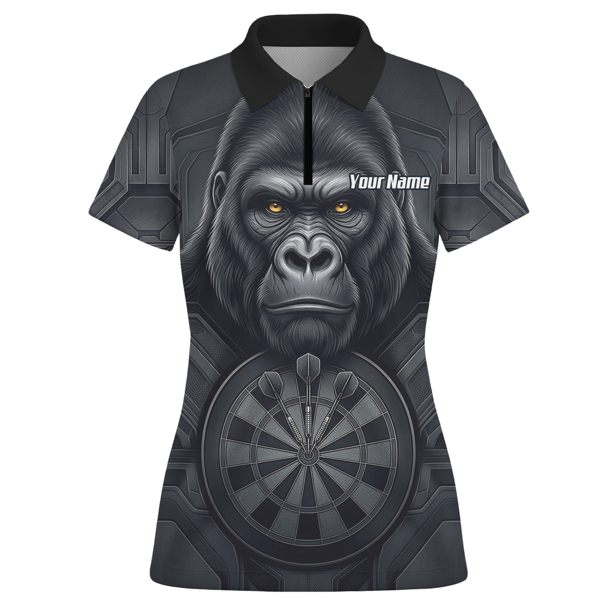 Personalised Silverback Gorilla Dart Jersey for Women Custom Darts Polo Shirt Black Grey with Dartboard Graphic M1900
