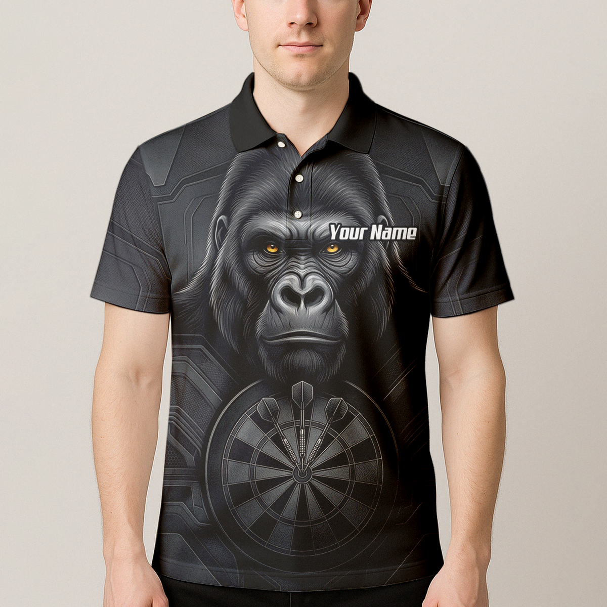 Personalised Silverback Gorilla Dart Jersey for Men Custom Darts Polo Shirt Black Grey with Dartboard Graphic M1900