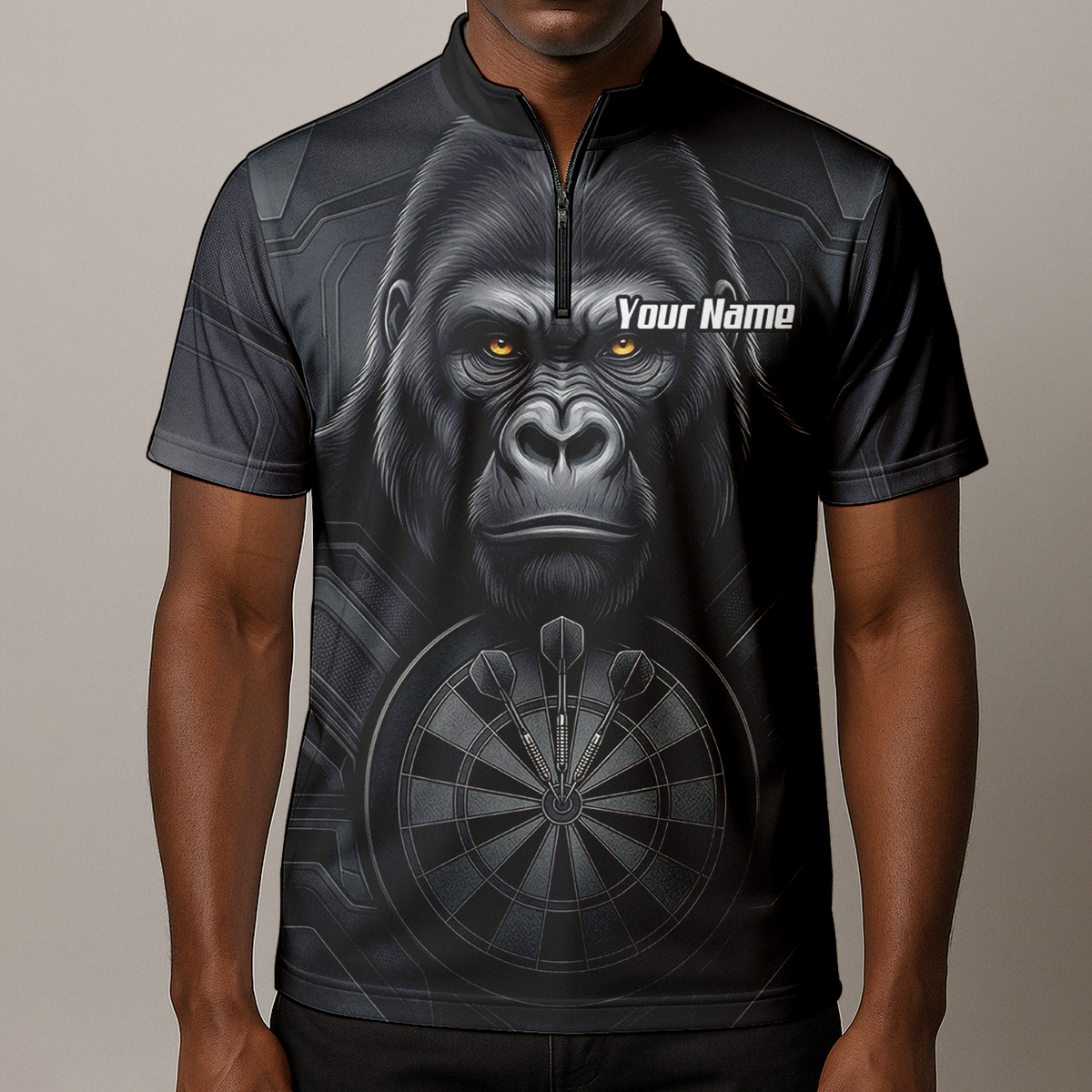 Personalised Silverback Gorilla Dart Jersey for Men Custom Darts Polo Shirt Black Grey with Dartboard Graphic M1900