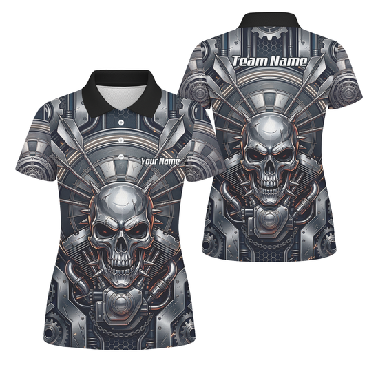 Personalised Women's Dart Jersey Custom Mechanical Skull Gear Print Polo Shirt Black Silver M6840