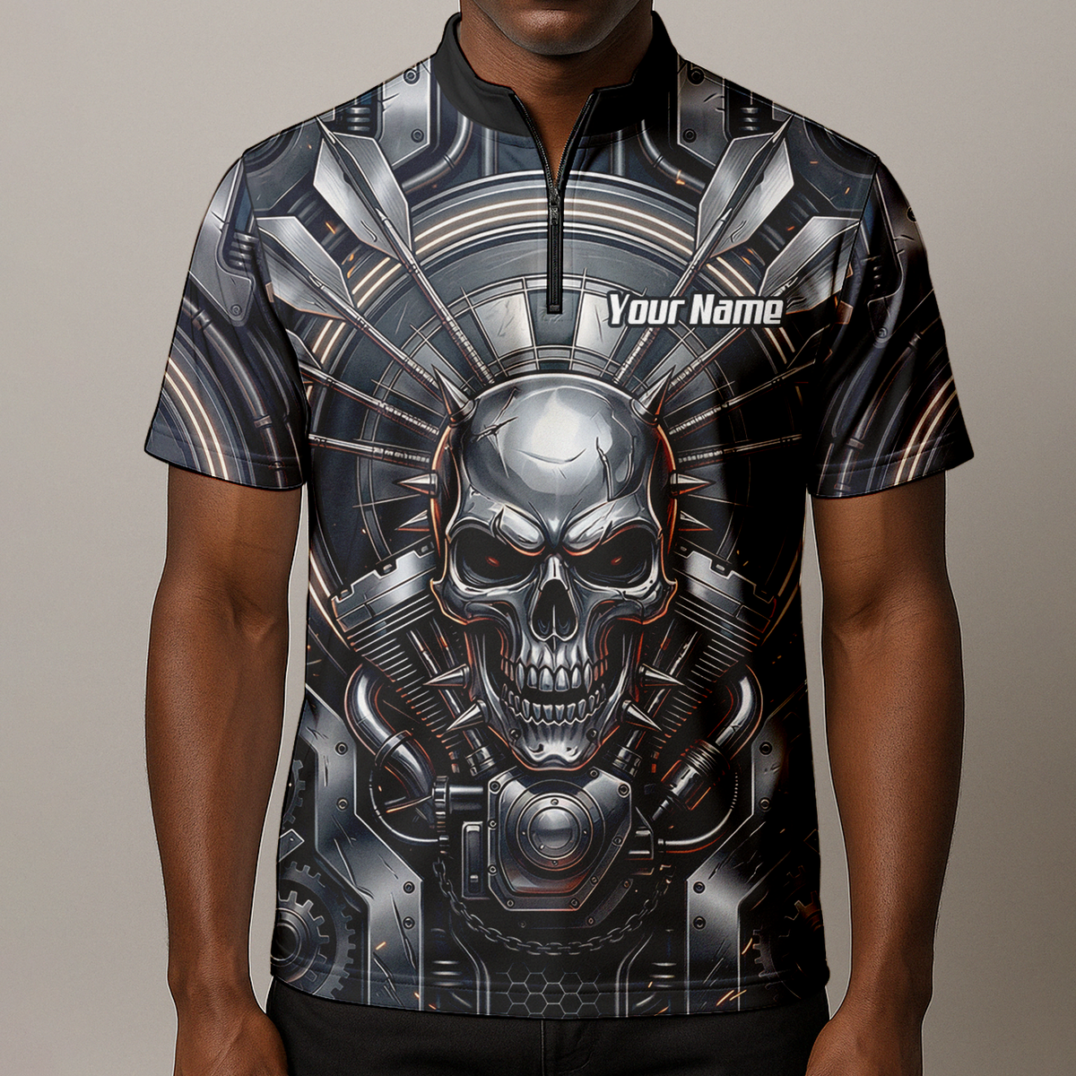 Personalised Men's Dart Jersey Custom Mechanical Skull Gear Print Polo Shirt Black Silver M6840