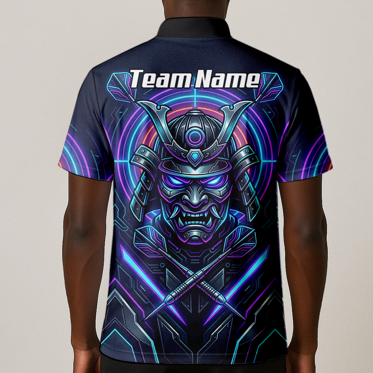 Personalised Cyberpunk Samurai Dart Jersey for Men Custom Name Neon Purple Black Polo Shirt M8824