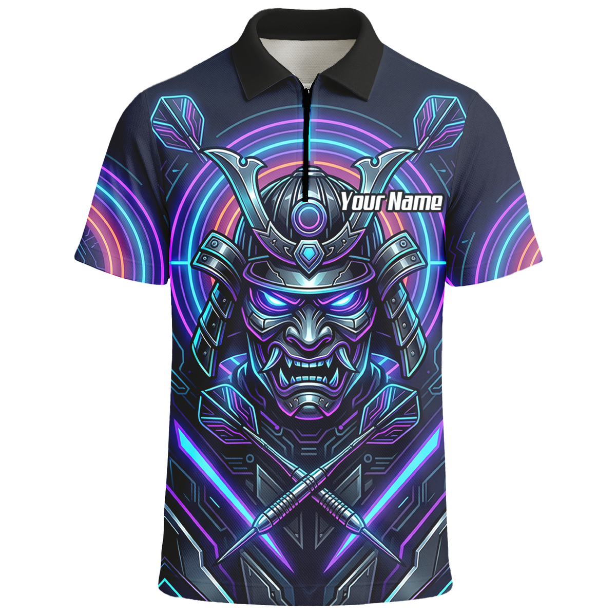 Personalised Cyberpunk Samurai Dart Jersey for Men Custom Name Neon Purple Black Polo Shirt M8824