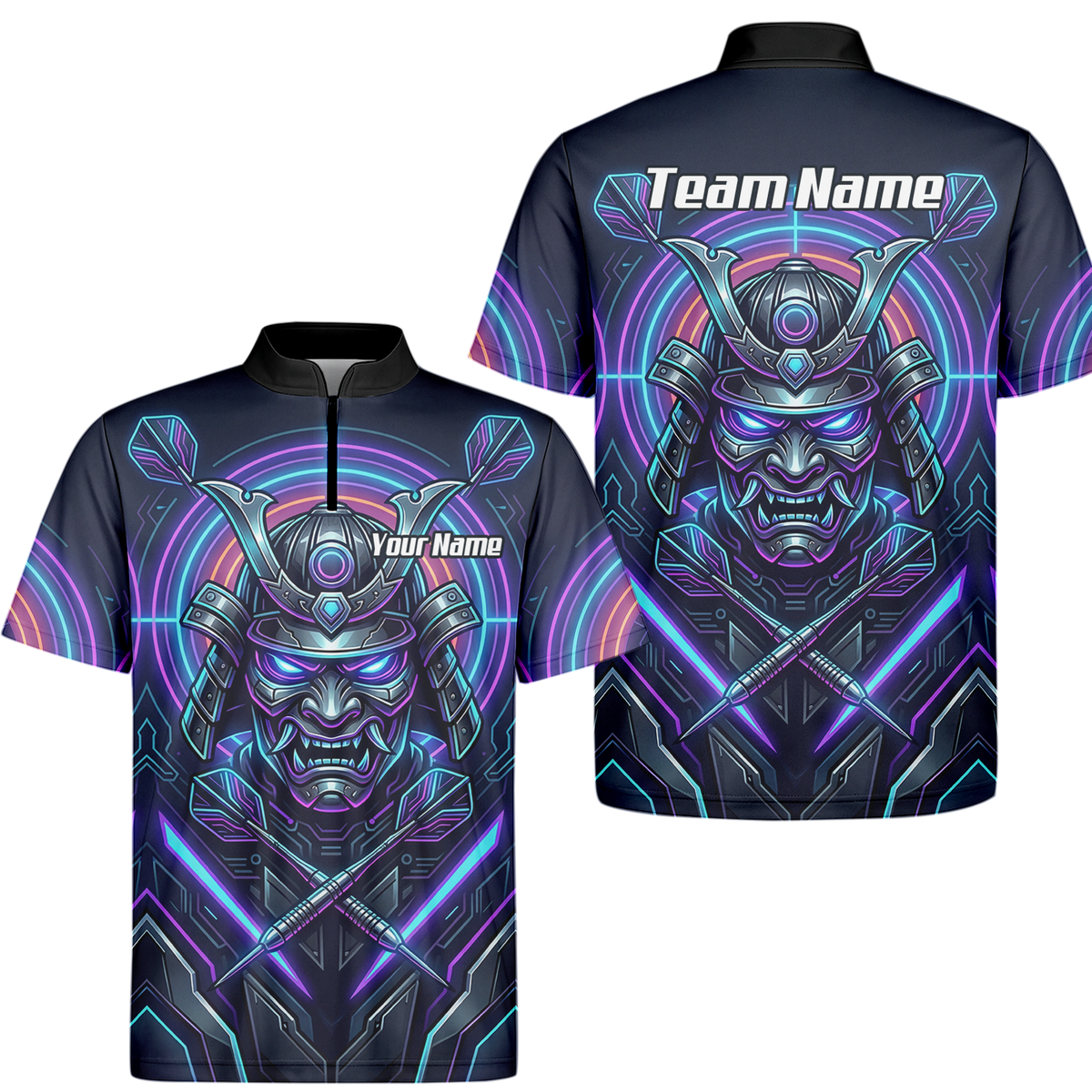 Personalised Cyberpunk Samurai Dart Jersey for Men Custom Name Neon Purple Black Polo Shirt M8824