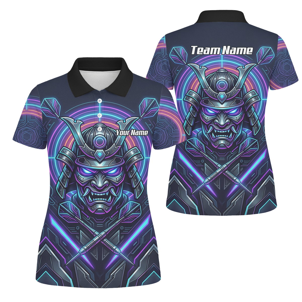 Personalised Cyberpunk Samurai Dart Jersey for Women Custom Name Neon Purple Black Polo Shirt M8824