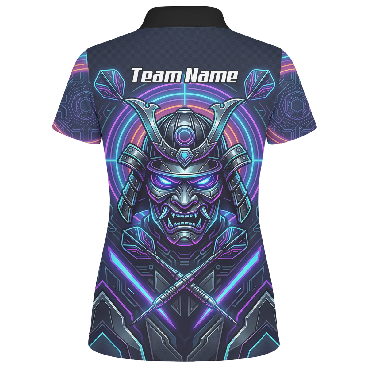Personalised Cyberpunk Samurai Dart Jersey for Women Custom Name Neon Purple Black Polo Shirt M8824