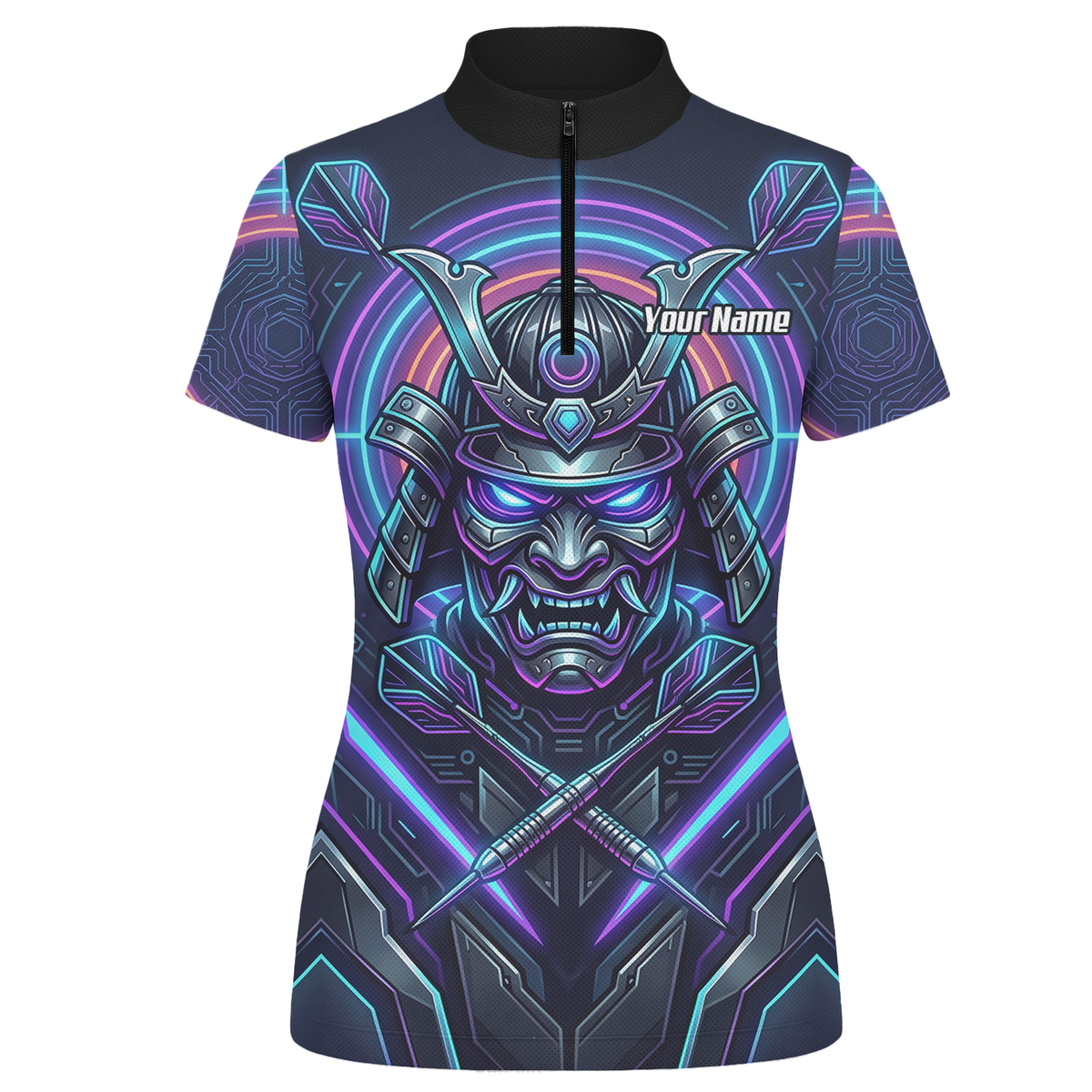 Personalised Cyberpunk Samurai Dart Jersey for Women Custom Name Neon Purple Black Polo Shirt M8824