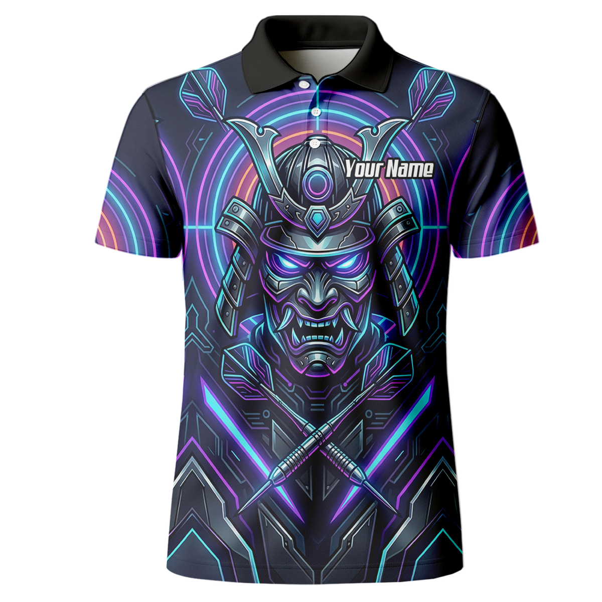Personalised Cyberpunk Samurai Dart Jersey for Men Custom Name Neon Purple Black Polo Shirt M8824
