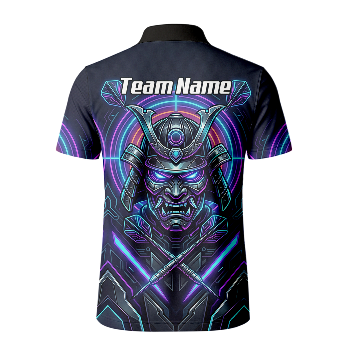 Personalised Cyberpunk Samurai Dart Jersey for Men Custom Name Neon Purple Black Polo Shirt M8824
