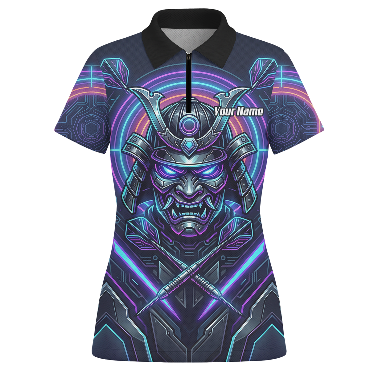 Personalised Cyberpunk Samurai Dart Jersey for Women Custom Name Neon Purple Black Polo Shirt M8824