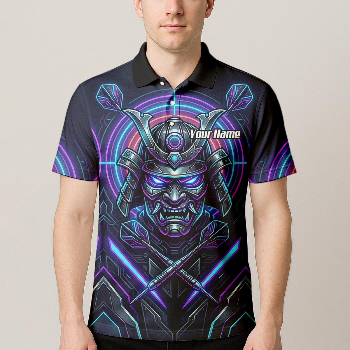 Personalised Cyberpunk Samurai Dart Jersey for Men Custom Name Neon Purple Black Polo Shirt M8824