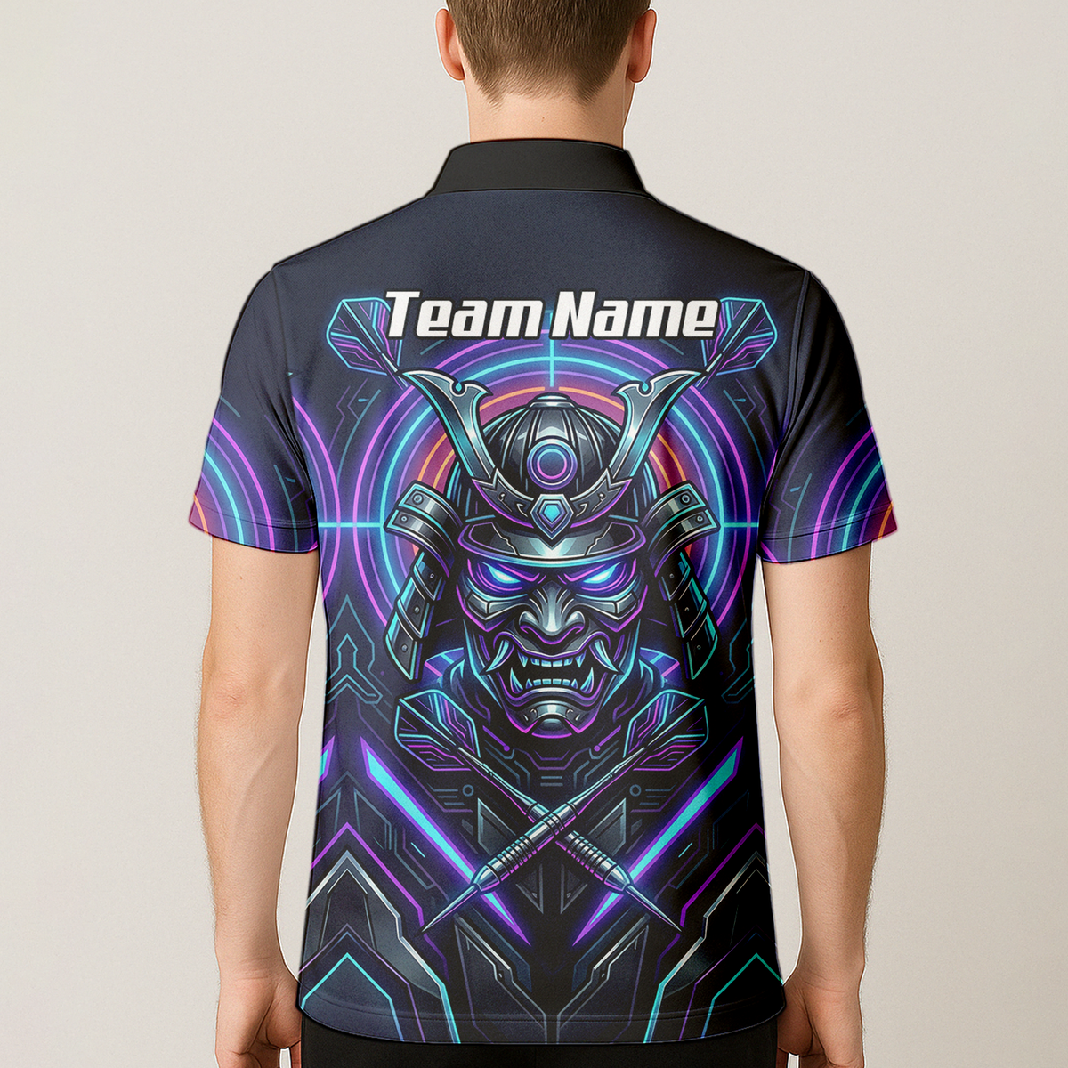 Personalised Cyberpunk Samurai Dart Jersey for Men Custom Name Neon Purple Black Polo Shirt M8824
