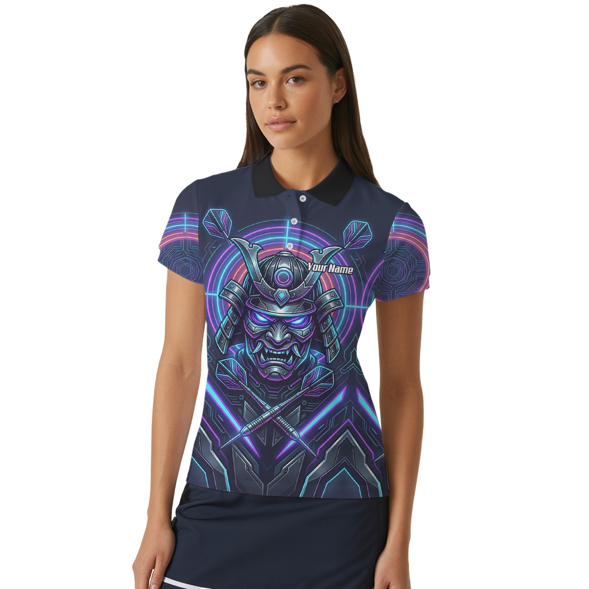 Personalised Cyberpunk Samurai Dart Jersey for Women Custom Name Neon Purple Black Polo Shirt M8824