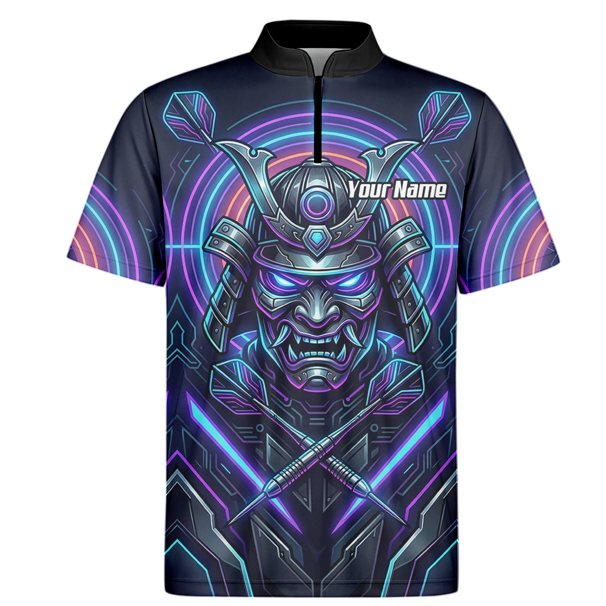 Personalised Cyberpunk Samurai Dart Jersey for Men Custom Name Neon Purple Black Polo Shirt M8824