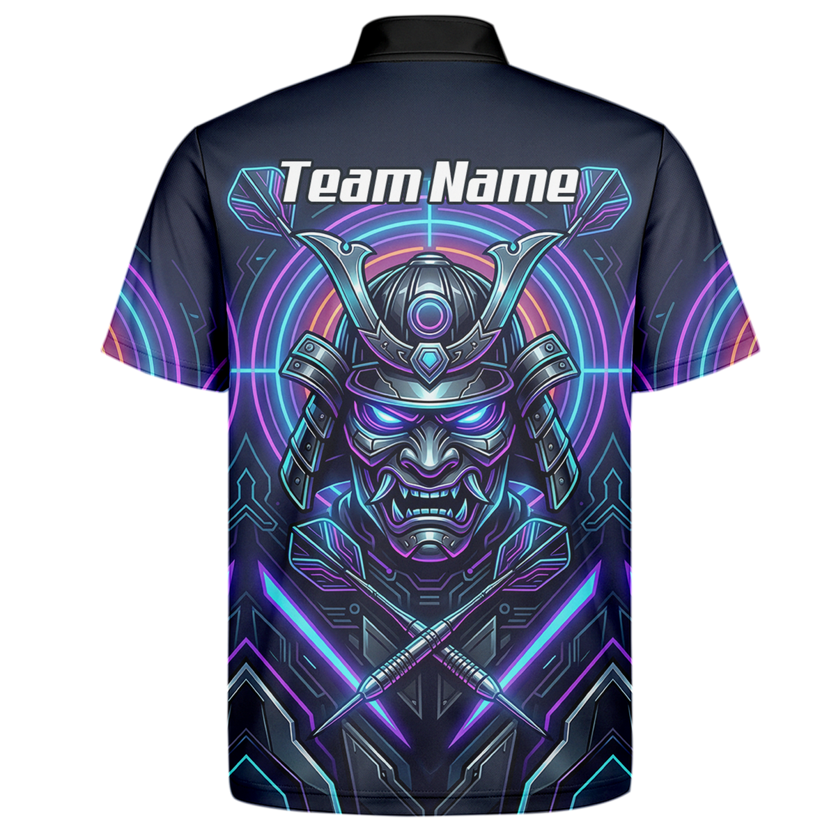 Personalised Cyberpunk Samurai Dart Jersey for Men Custom Name Neon Purple Black Polo Shirt M8824