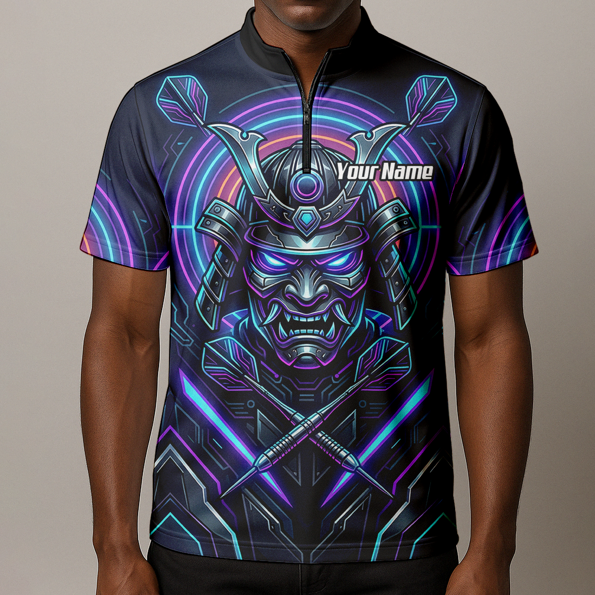 Personalised Cyberpunk Samurai Dart Jersey for Men Custom Name Neon Purple Black Polo Shirt M8824