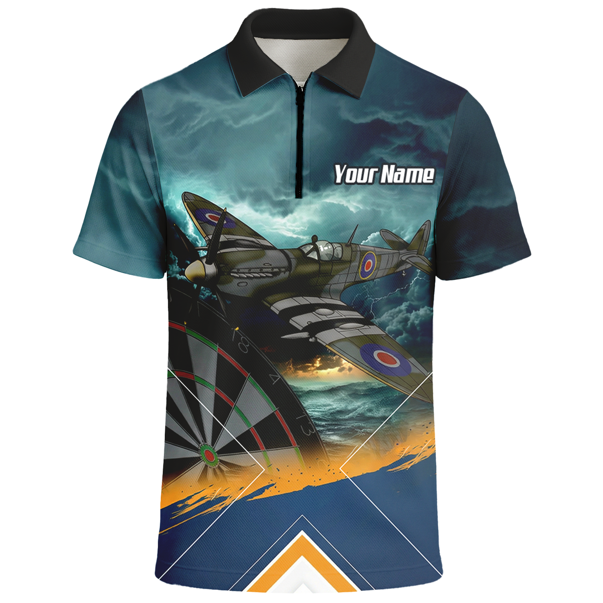 Personalised Spitfire Fighter Plane Dart Jersey Polo and Zipper For Men Navy Blue RAF Theme N2791 - Polo -w Zipper Yes