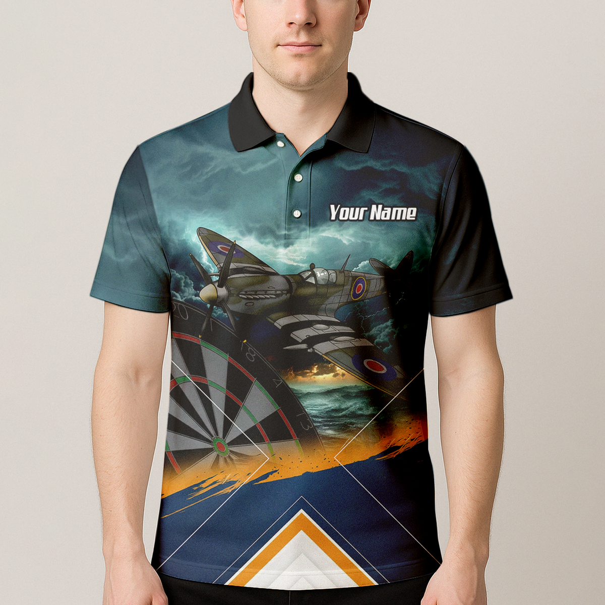 Personalised Spitfire Fighter Plane Dart Jersey Polo and Zipper For Men Navy Blue RAF Theme N2791