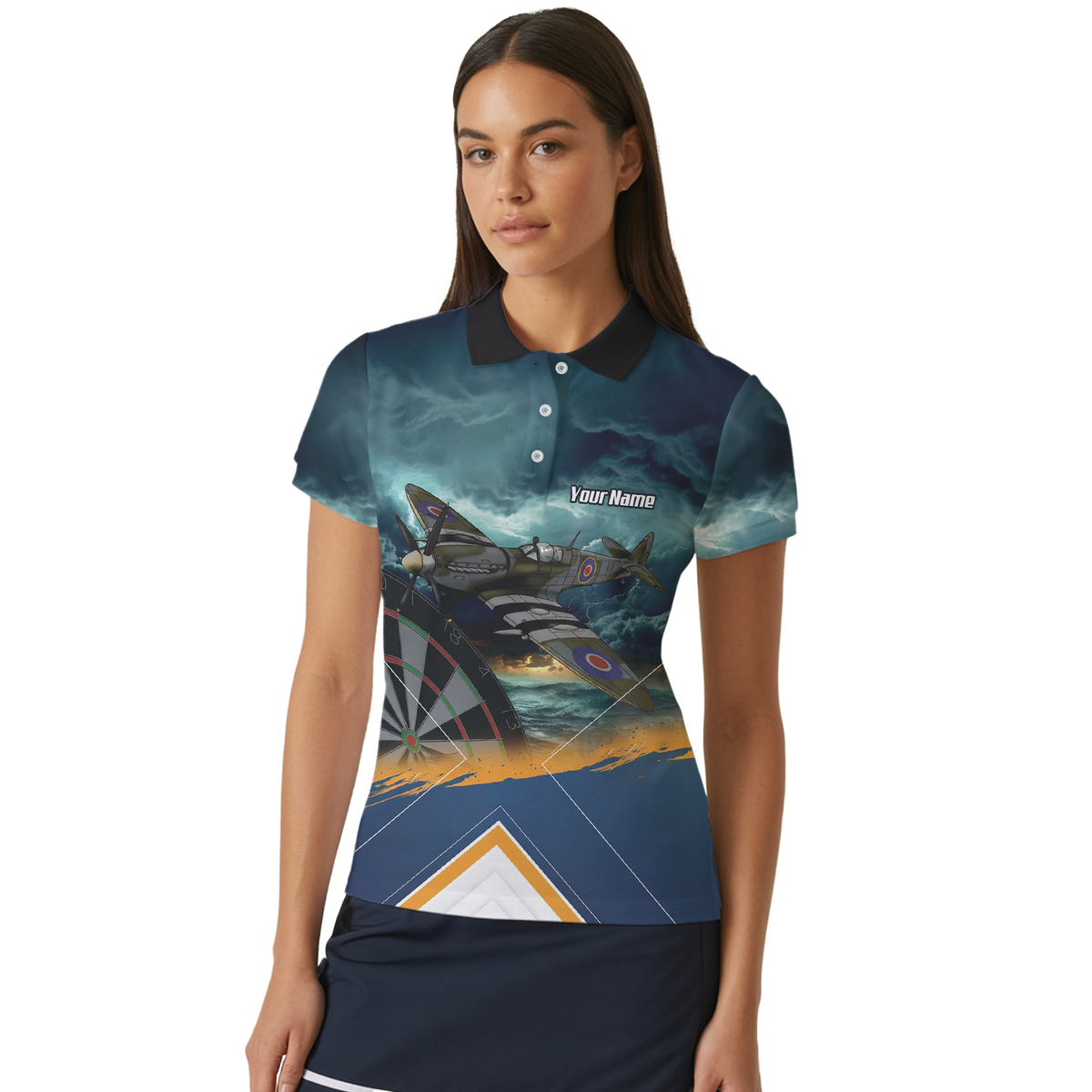 Personalised Spitfire Fighter Plane Dart Jersey Polo and Zipper For Women Navy Blue RAF Theme N2791