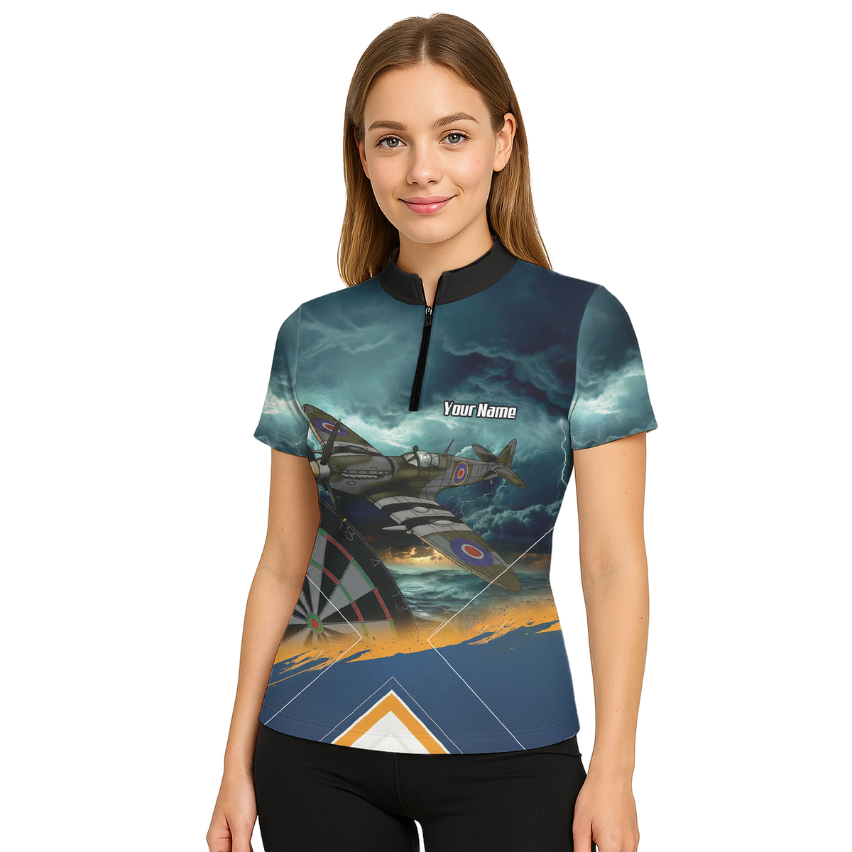 Personalised Spitfire Fighter Plane Dart Jersey Polo and Zipper For Women Navy Blue RAF Theme N2791