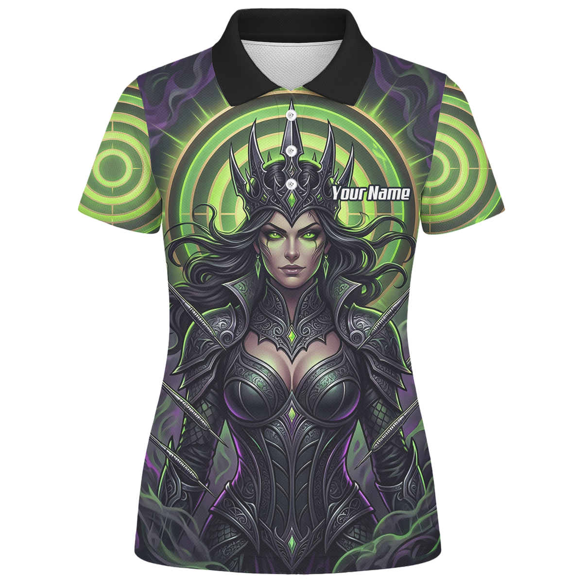 Personalised Dark Queen Fantasy Dart Jersey For Women Neon Green Purple Custom Name Polo Shirt N8351