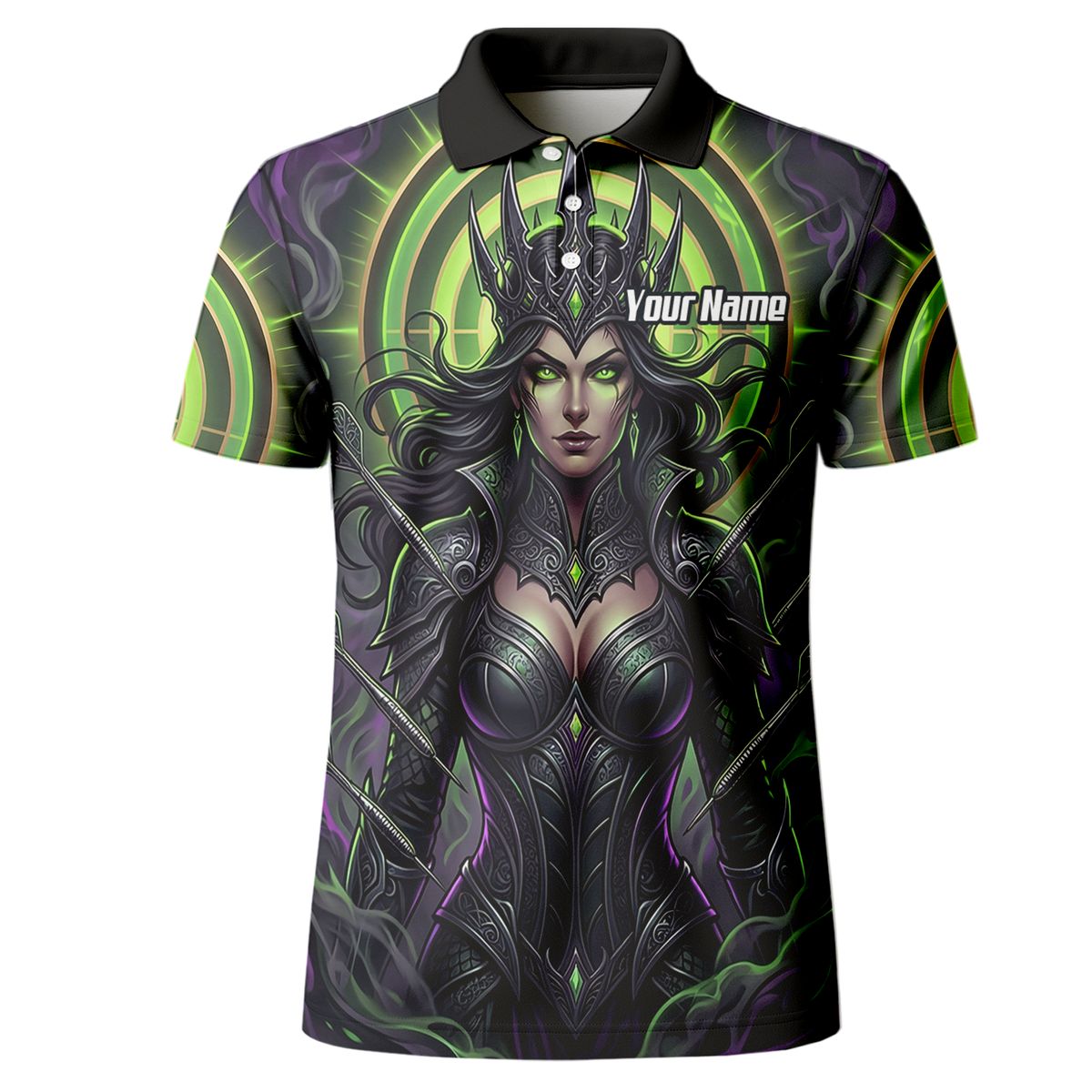 Personalised Dark Queen Fantasy Dart Jersey For Men Neon Green Purple Custom Name Polo Shirt N8351