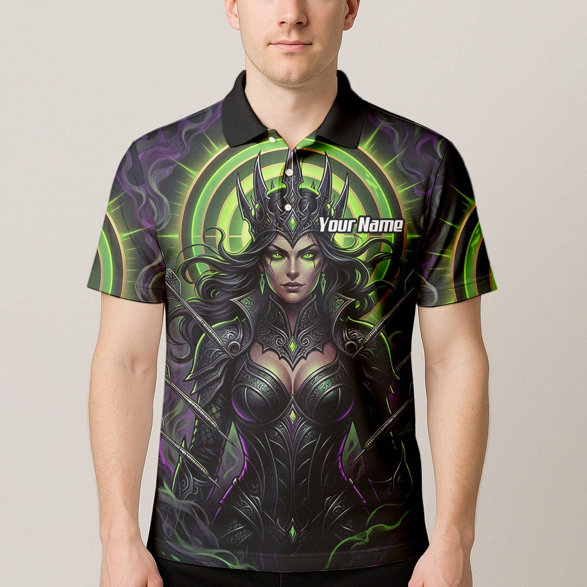 Personalised Dark Queen Fantasy Dart Jersey For Men Neon Green Purple Custom Name Polo Shirt N8351