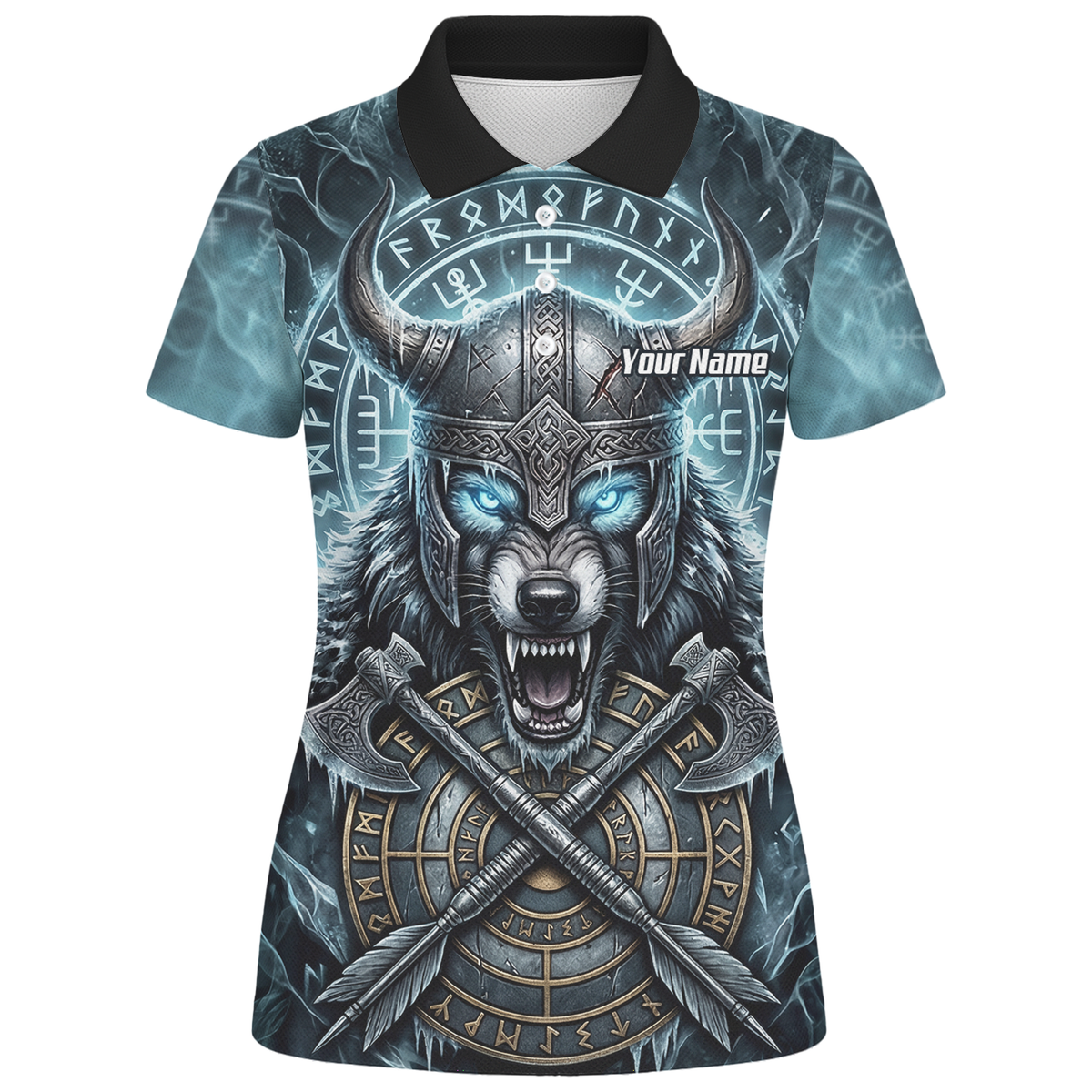 Personalised Viking Wolf Dart Jersey for Women Custom Norse Mythology Darts Polo Shirt Blue Black N8517