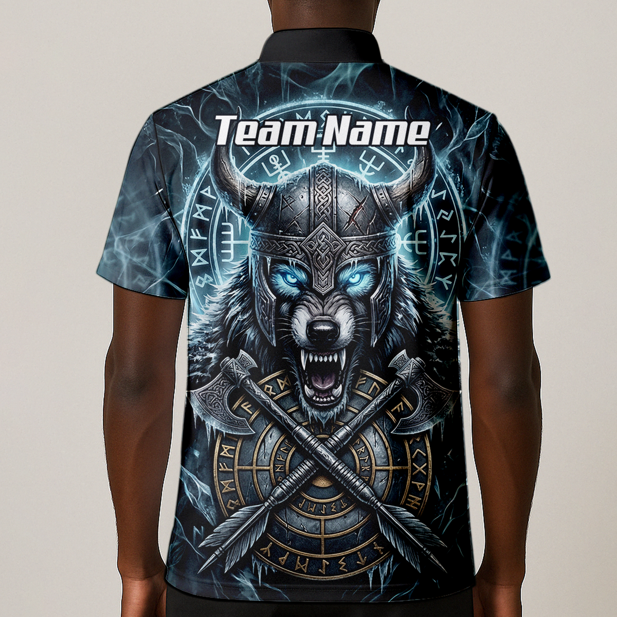 Personalised Viking Wolf Dart Jersey for Men Custom Norse Mythology Darts Polo Shirt Blue Black N8517