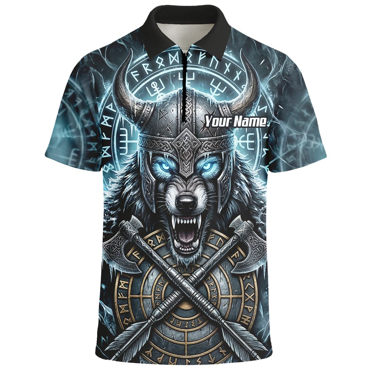 Personalised Viking Wolf Dart Jersey for Men Custom Norse Mythology Darts Polo Shirt Blue Black N8517