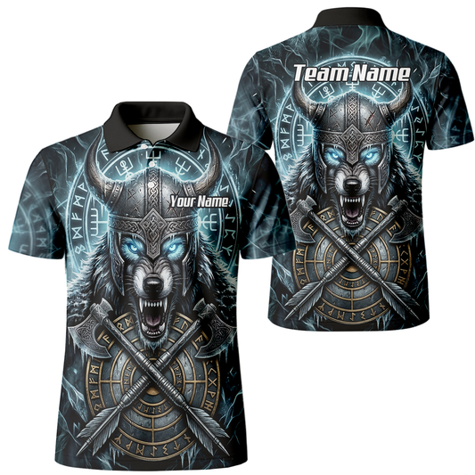 Personalised Viking Wolf Dart Jersey for Men Custom Norse Mythology Darts Polo Shirt Blue Black N8517