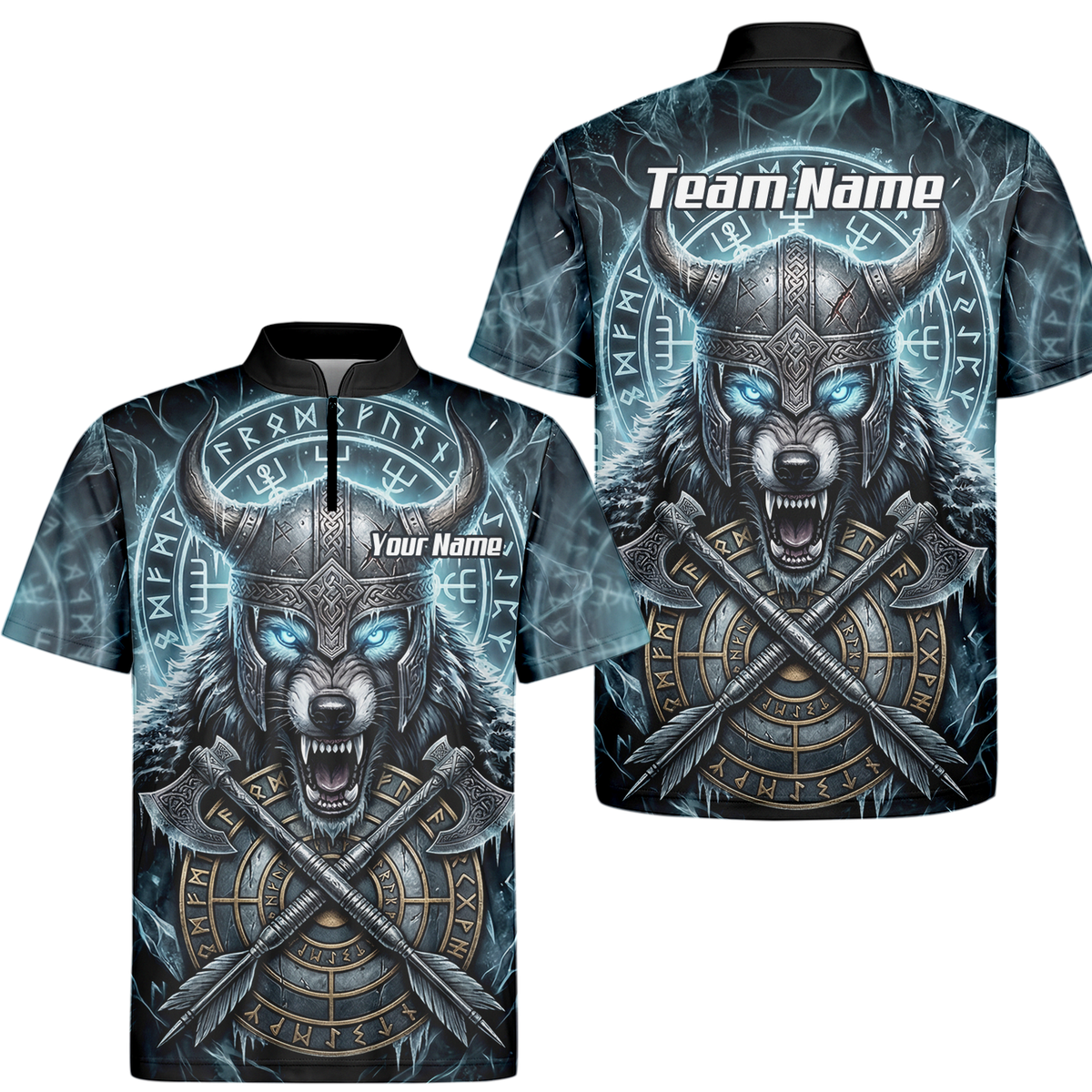Personalised Viking Wolf Dart Jersey for Men Custom Norse Mythology Darts Polo Shirt Blue Black N8517