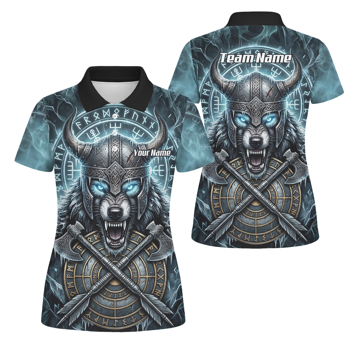 Personalised Viking Wolf Dart Jersey for Women Custom Norse Mythology Darts Polo Shirt Blue Black N8517