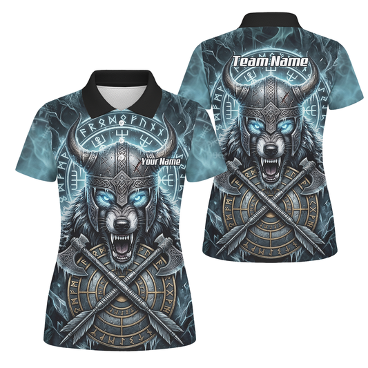 Personalised Viking Wolf Dart Jersey for Women Custom Norse Mythology Darts Polo Shirt Blue Black N8517