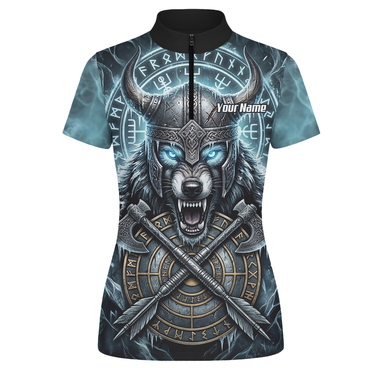 Personalised Viking Wolf Dart Jersey for Women Custom Norse Mythology Darts Polo Shirt Blue Black N8517