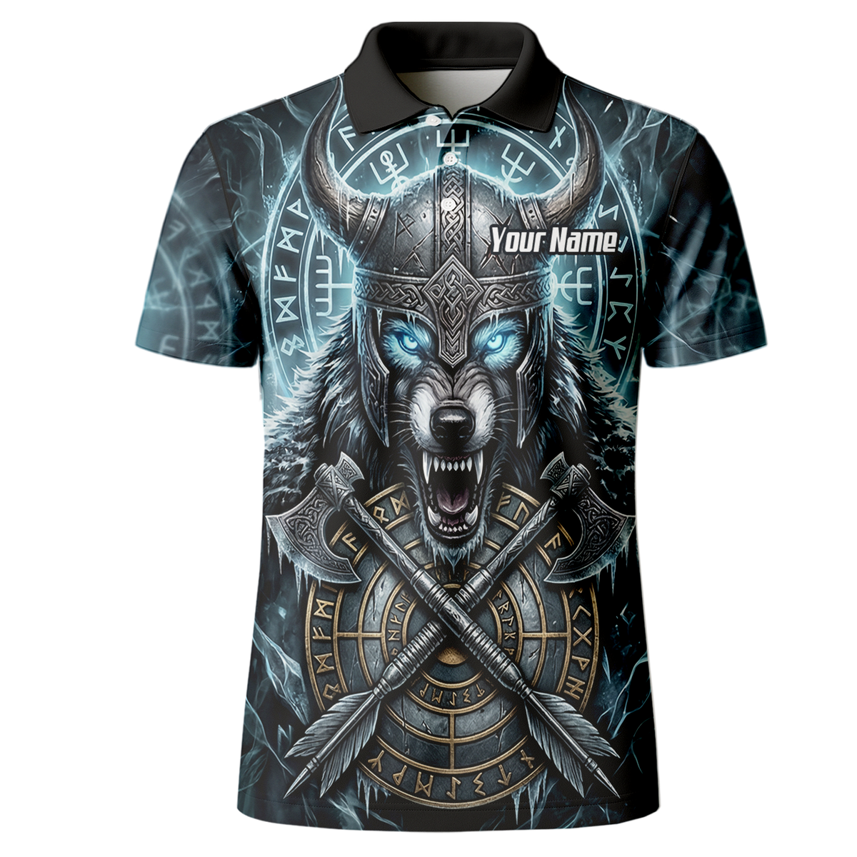 Personalised Viking Wolf Dart Jersey for Men Custom Norse Mythology Darts Polo Shirt Blue Black N8517