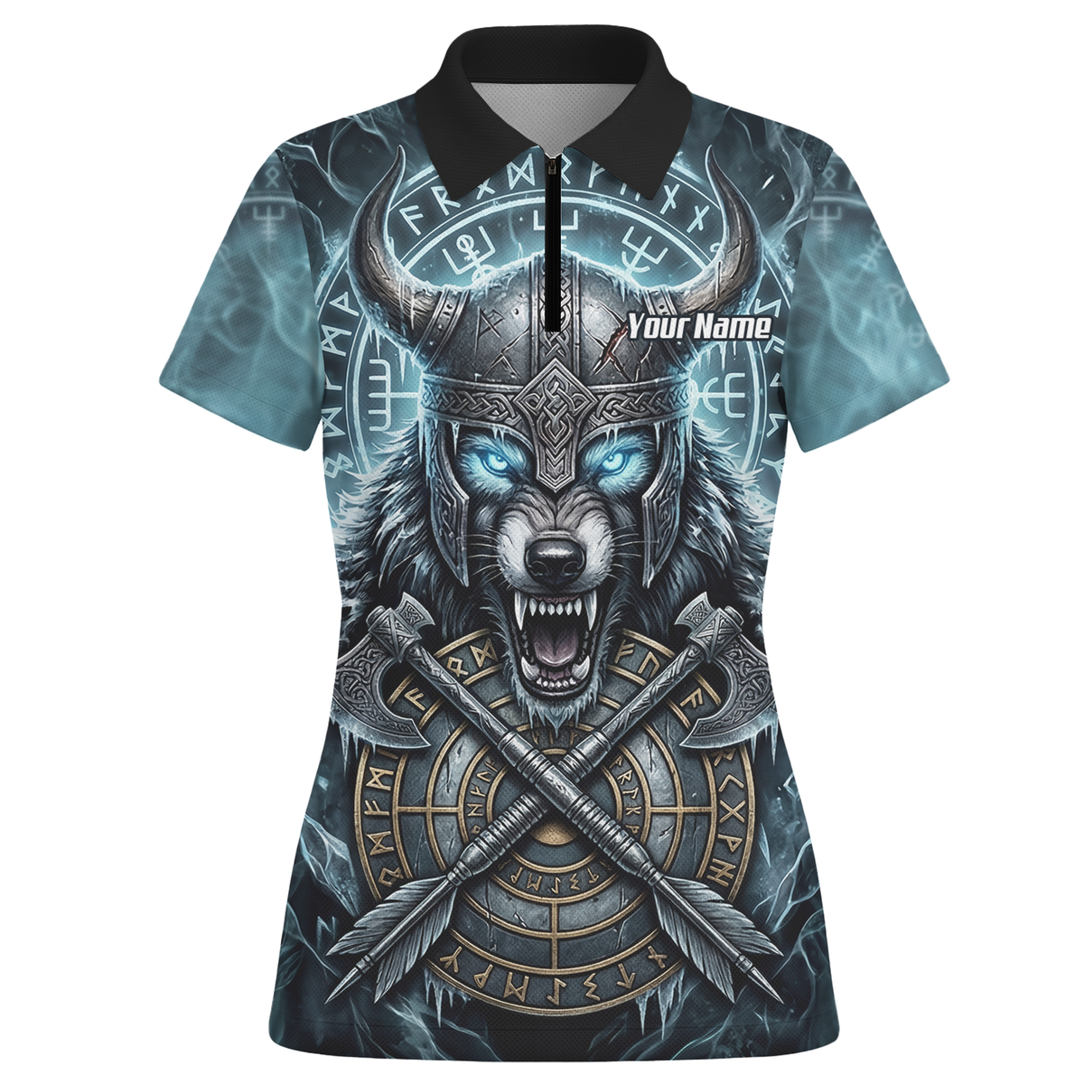 Personalised Viking Wolf Dart Jersey for Women Custom Norse Mythology Darts Polo Shirt Blue Black N8517