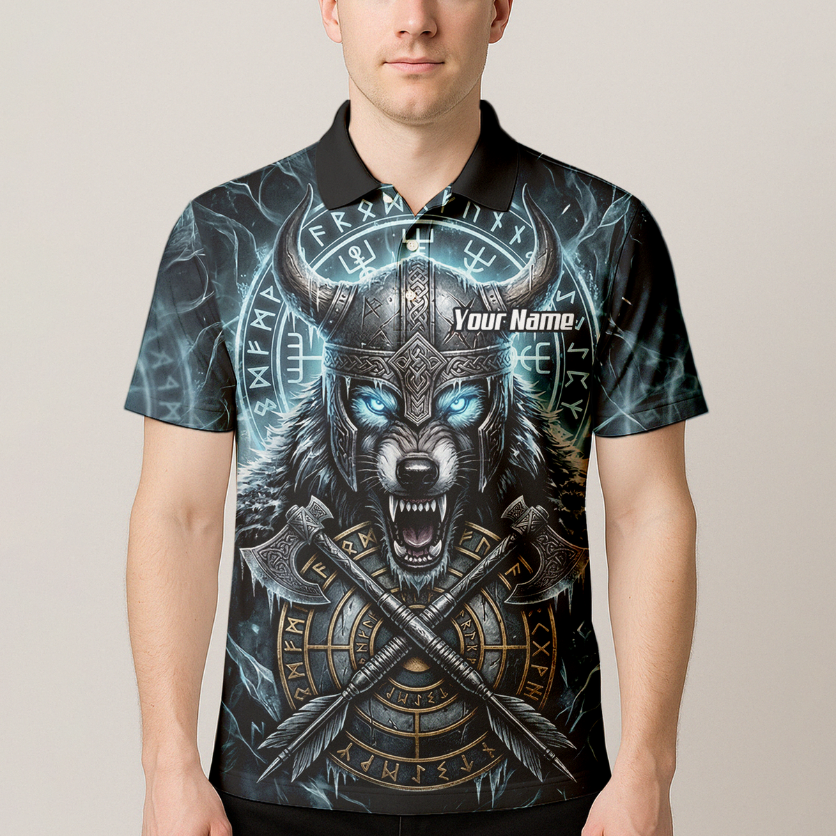 Personalised Viking Wolf Dart Jersey for Men Custom Norse Mythology Darts Polo Shirt Blue Black N8517