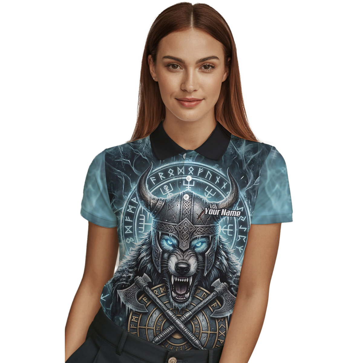 Personalised Viking Wolf Dart Jersey for Women Custom Norse Mythology Darts Polo Shirt Blue Black N8517
